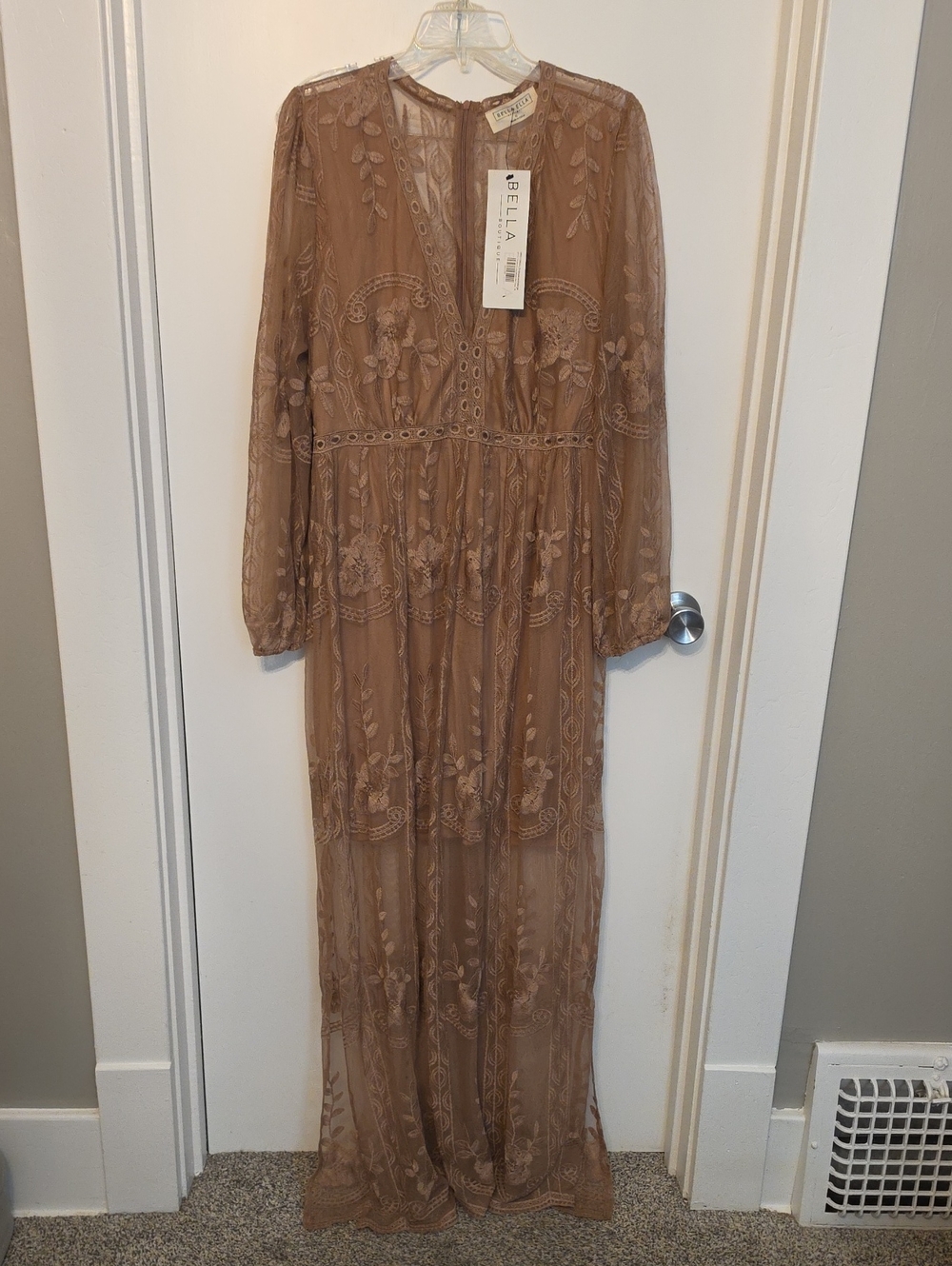 Bella Sheer Embroidered Maxi Dress in Taupe